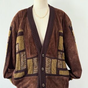 Men's unisex Brown Suede Patchwork Bomber Jacket - Retro Varsity Style
